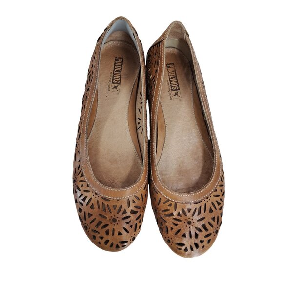 Pikolinos Alcoi Brown Leather Cutout Ballet Flats Size 40 US 9-9.5 Tan Floral - Picture 9 of 12